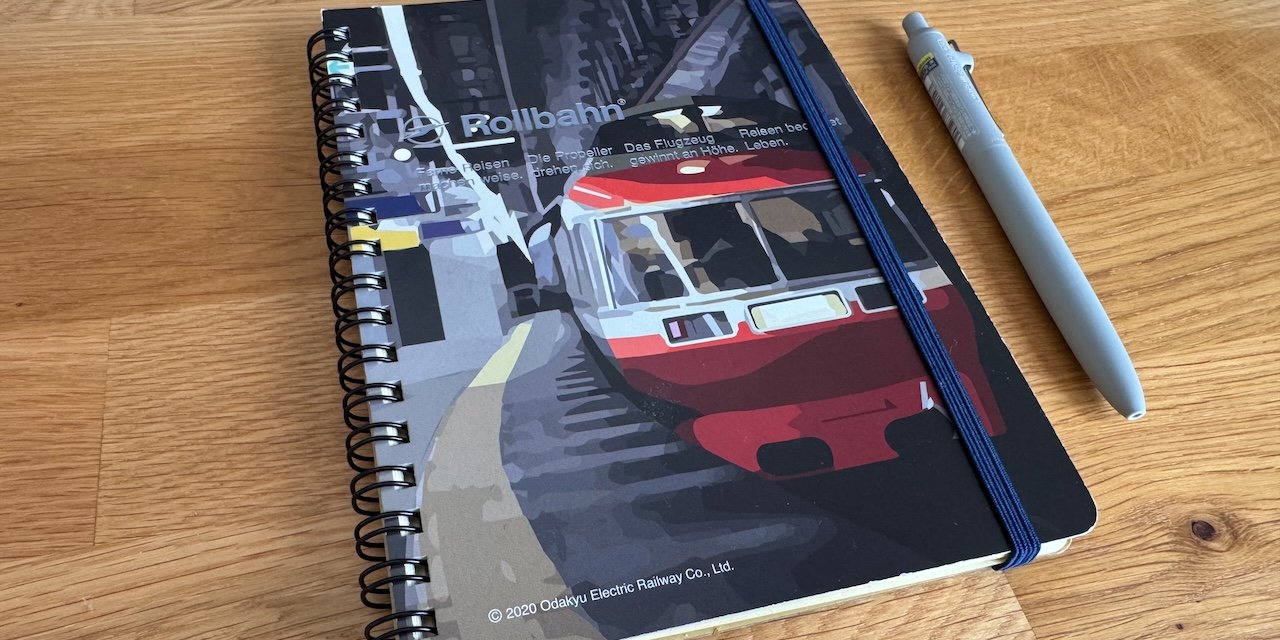 An image of my Rollbahn notebook. It features an illustration of a train on Japan&rsquo;s Odakyu line.