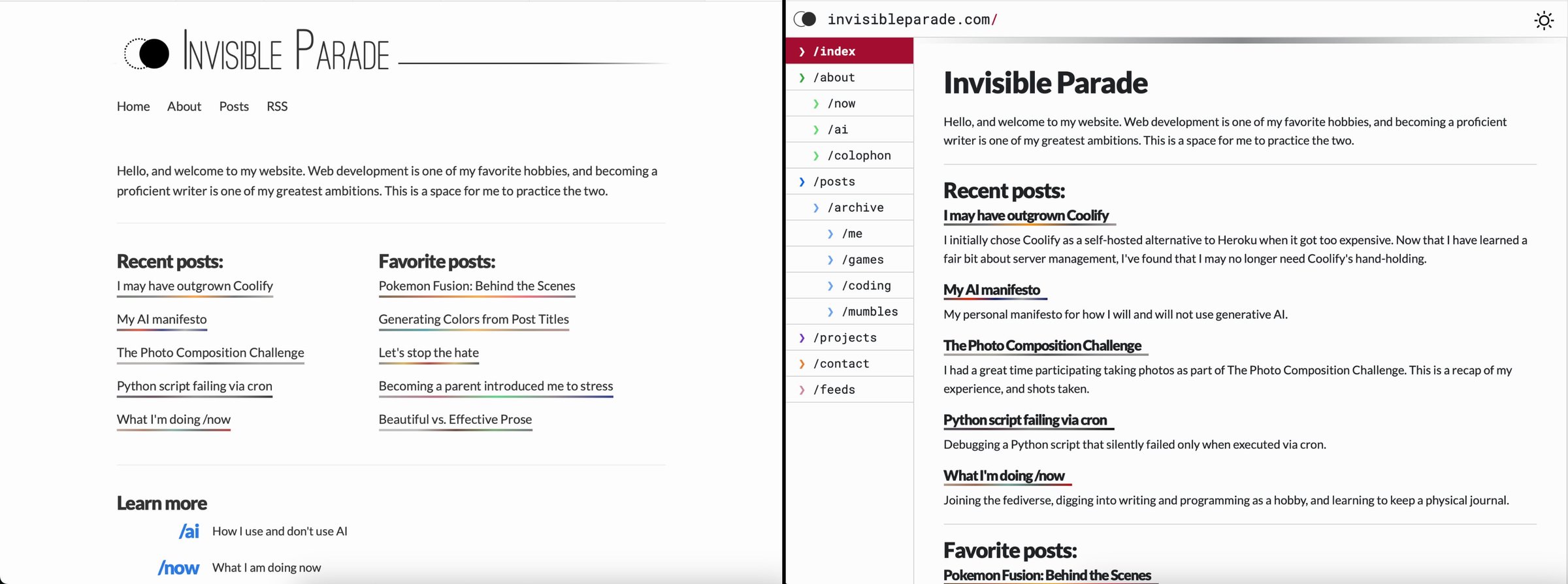 The root homepage. Old design on the left, new design on the right.
